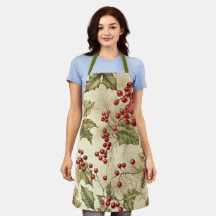 Vintage Poinsettia and Berries Pattern Christmas Apron