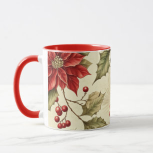 Vintage Poinsettia and Berries Pattern Christmas Mug