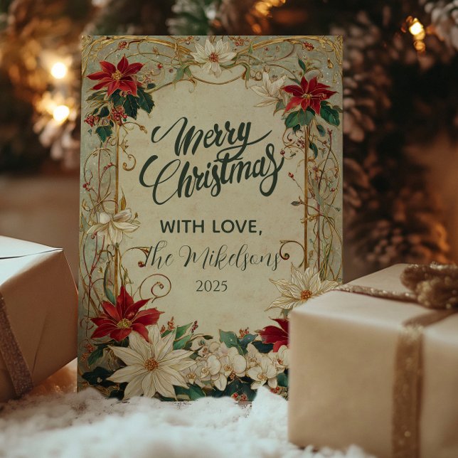 Vintage Poinsettia and Holly Christmas Holiday Card (Creator Uploaded)