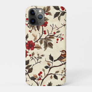 Vintage Poinsettia Bird Christmas Cream Red iPhone 11 Pro Case