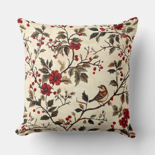 Vintage Poinsettia Bird Christmas Cream Red Cushion