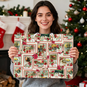Vintage Poinsettia Christmas Card Collage Large Gift Bag