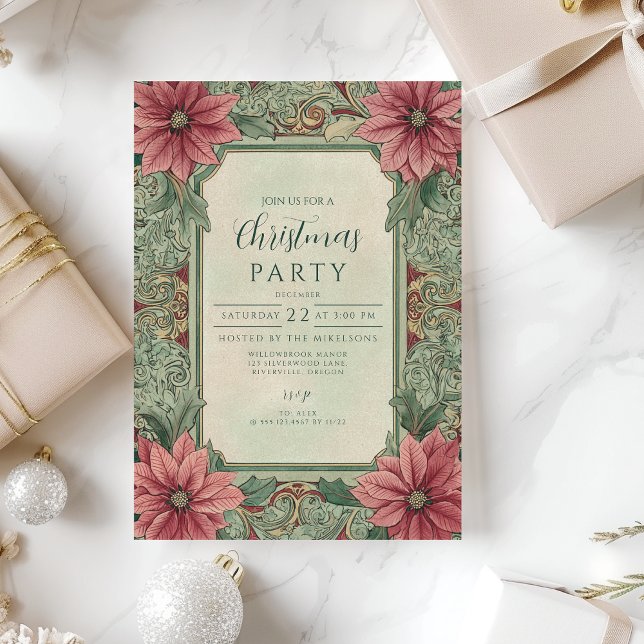 Vintage Poinsettia Christmas Party Celebration Invitation (Creator Uploaded)