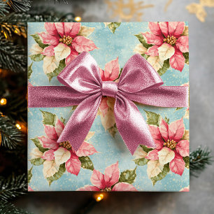 Vintage Poinsettia Flower in Pink Blue Christmas Wrapping Paper