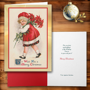 Vintage Poinsettia Girl Christmas Greeting Card