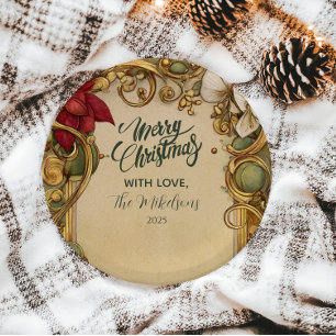 Vintage Poinsettia Gold Scroll Christmas Paper Plate