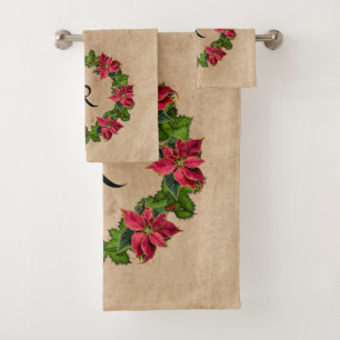 Vintage Poinsettia Holly Berry Wreath Monogram Bath Towel Set