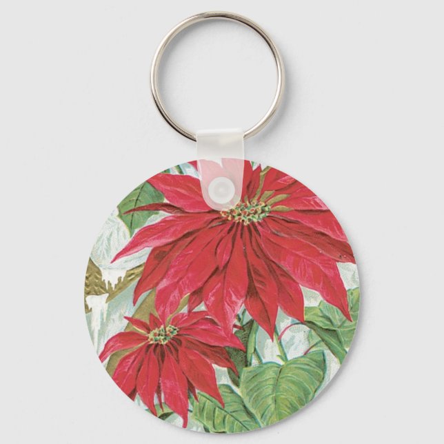 Vintage Poinsettia illustration. Key Ring (Front)
