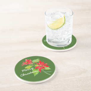 Vintage Poinsettia Merry Christmas Coaster