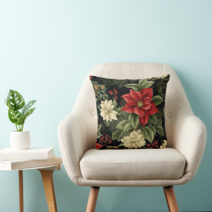 Vintage Poinsettia Pattern Christmas Cushion