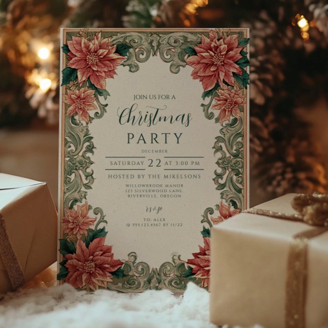 Vintage Poinsettia Scrollwork Christmas Invitation (Creator Uploaded)