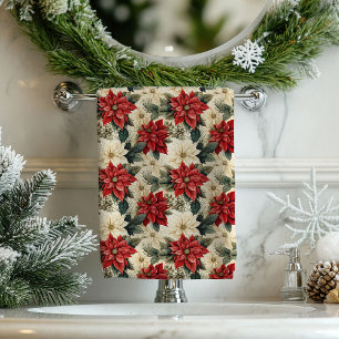 Vintage Poinsettia Tablecloth Cottagecore Holiday Bath Towel Set