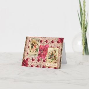 vintage Poinsettia with birds and children Holiday Card