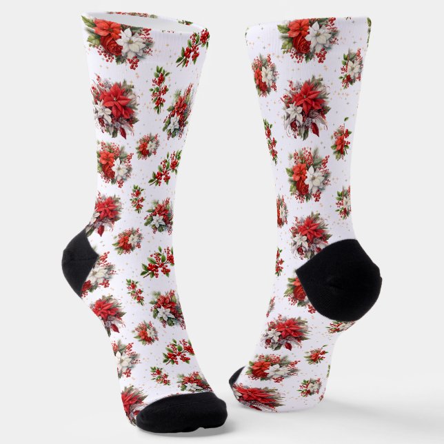 Vintage Poinsettias And Holly Christmas White Socks (Angled)