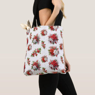 Vintage Poinsettias And Holly Christmas White Tote Bag