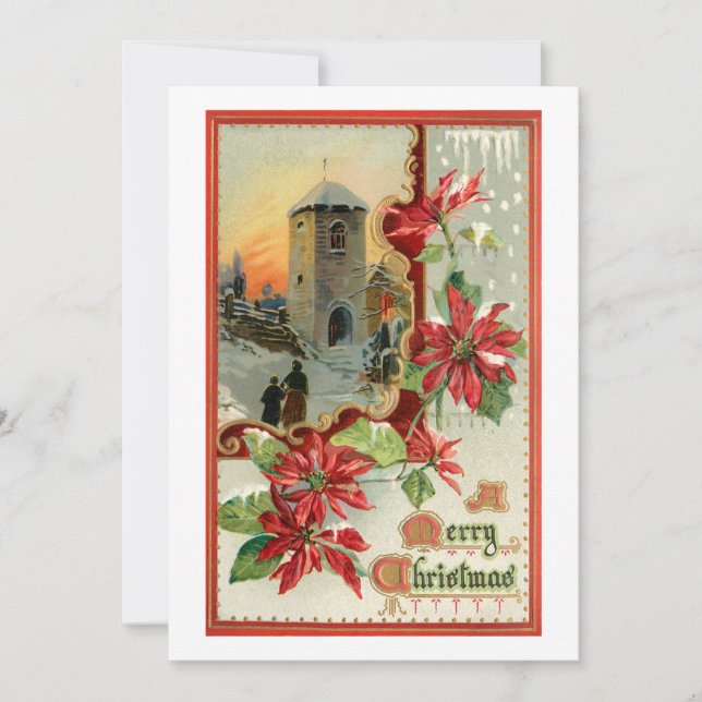 Vintage Poinsettias, Church and Christmas Greeting Holiday Card (Front)