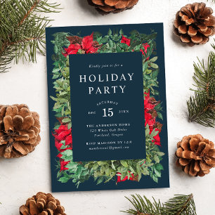 Vintage Poinsettias & Greenery Navy Holiday Party Invitation
