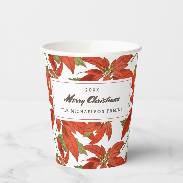Vintage Poinsettias Merry Christmas Paper Cups (Left)