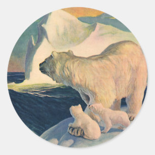Vintage Polar Bears on Iceberg, Wild Arctic Animal Classic Round Sticker