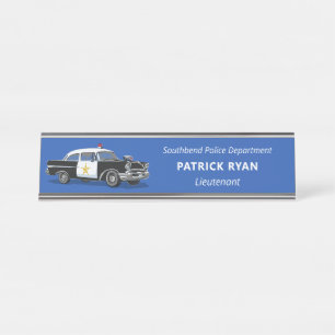 Vintage Police Car Black and White Personalized Desk Name Plate