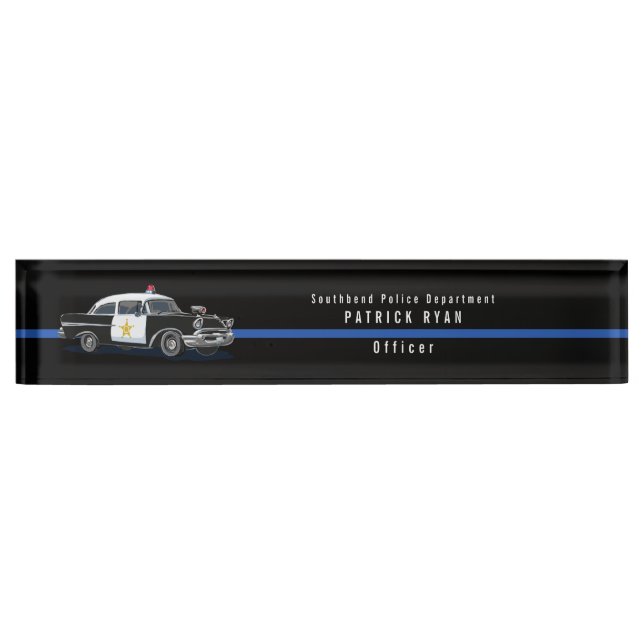 Vintage Police Car Blue Line Personalised Nameplate (Front)