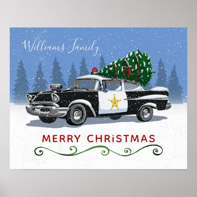 Vintage Police Car Merry Christmas Monogram Name Poster (Front)