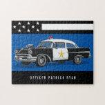 Vintage Police Car Stars Stripe Flag Monogram Name Jigsaw Puzzle<br><div class="desc">This personalized puzzle will be a fun activity for your family to do. The design features a vintage police car with stars and stripes and a name to personalize below.. A unique gift for families of police officers or your favorite officer. Designed by world renowned artist ©Tim Coffey.</div>