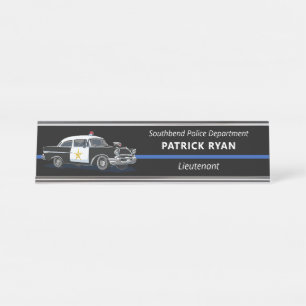 Vintage Police Car Thin Blue Line Personalised Desk Name Plate