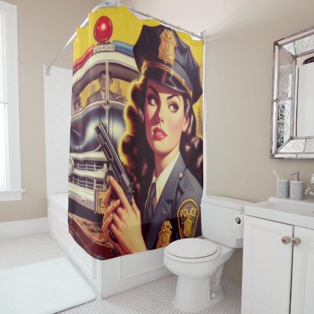 Vintage Police Officer Illustration Shower Curtain (In Situ)