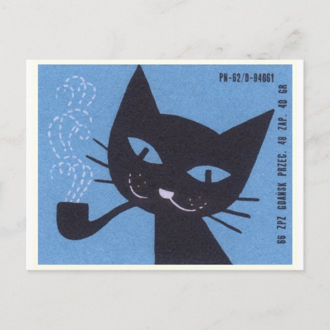 Vintage Polish Matchbox Label Cat Smoking Pipe Postcard (Front)