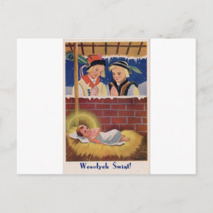 Vintage Polish Wesołyeh Świąt Christmas Retro Art Holiday Postcard