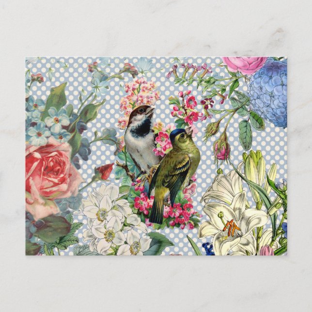Vintage polka dots bird colourful flowers postcard (Front)