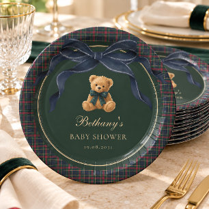 Vintage Polo Plaid Teddy Bear Navy Bow Paper Plate