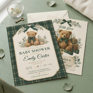 Vintage Polo Teddy Bear Green Plaid Baby Shower Invitation