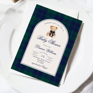 Vintage Polo Teddy bear Navy Plaid Baby Shower Invitation