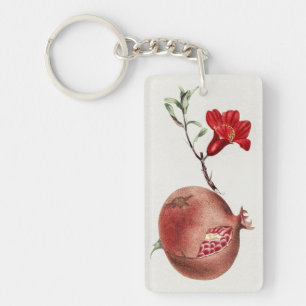 Vintage Pomegranate Red Fruit And Flower Art Key Ring
