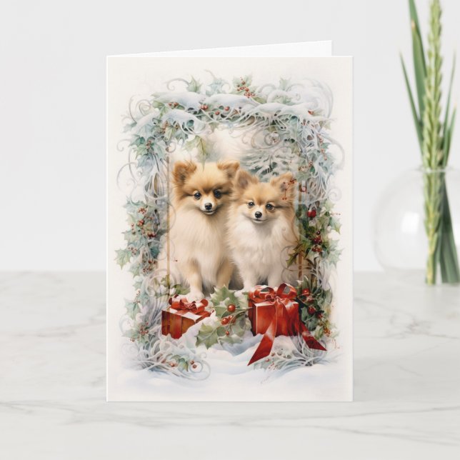 Vintage Pomeranian Christmas Holiday Card (Front)