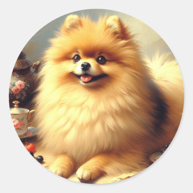 Vintage Pomeranian Dog Painting Classic Round Sticker (Front)