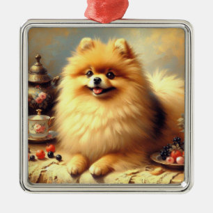 Vintage Pomeranian Dog Painting Metal Tree Decoration