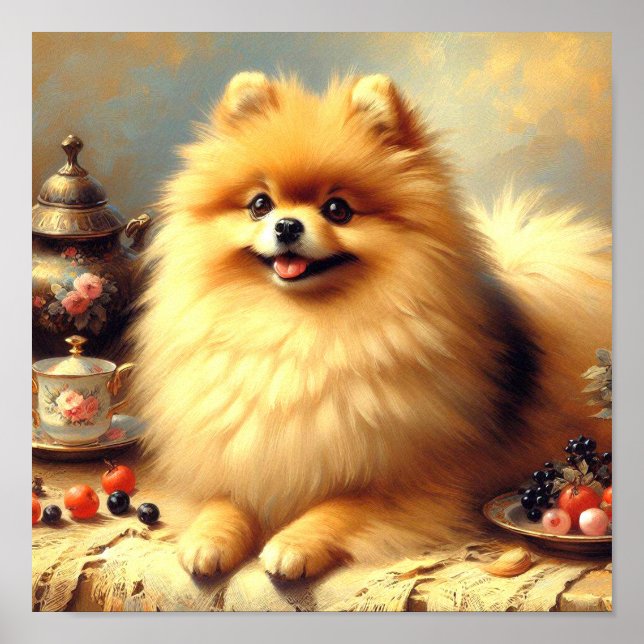 Vintage Pomeranian Dog Painting Poster (Front)