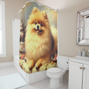 Vintage Pomeranian Dog Painting Shower Curtain