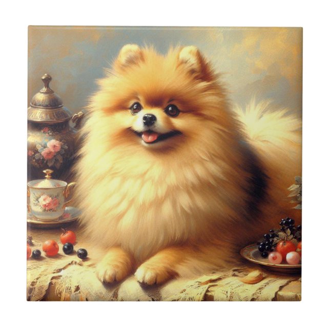 Vintage Pomeranian Dog Painting Tile (Front)