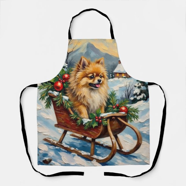 Vintage Pomeranian in Wooden Christmas Sleigh Apron (Front)