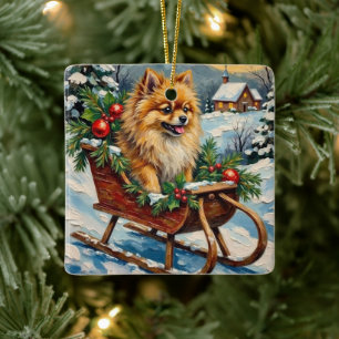 Vintage Pomeranian in Wooden Christmas Sleigh Ceramic Ornament