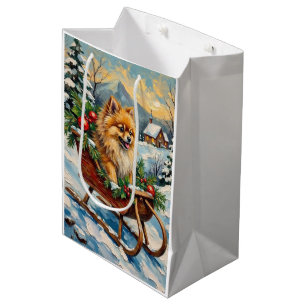 Vintage Pomeranian in Wooden Christmas Sleigh Medium Gift Bag