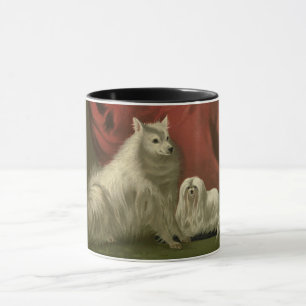 Vintage pomeranian, maltese dog portrait red white mug