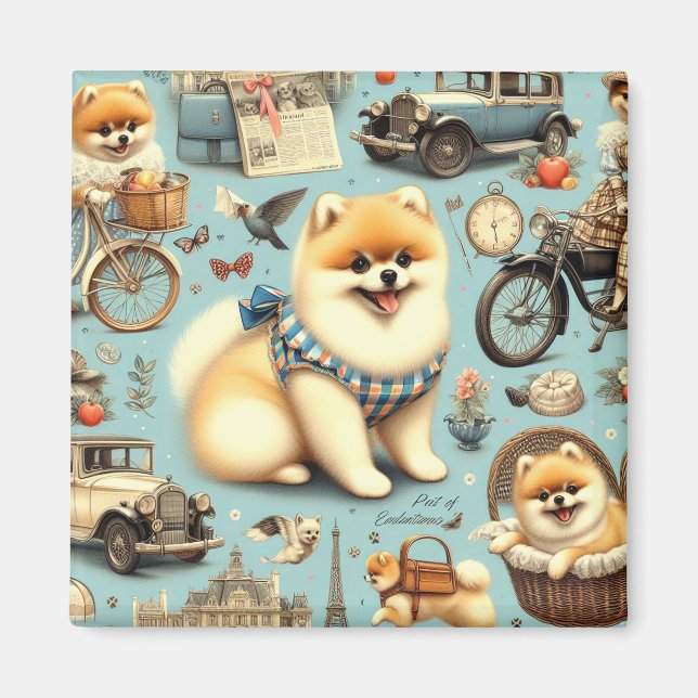 Vintage Pomeranian Seamless Illustration Magnet (Front)