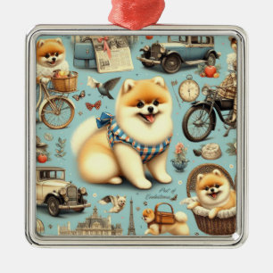 Vintage Pomeranian Seamless Illustration Metal Tree Decoration