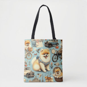Vintage Pomeranian Seamless Illustration Tote Bag