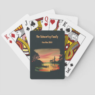 Vintage pond sunset pontoon escape green red playing cards